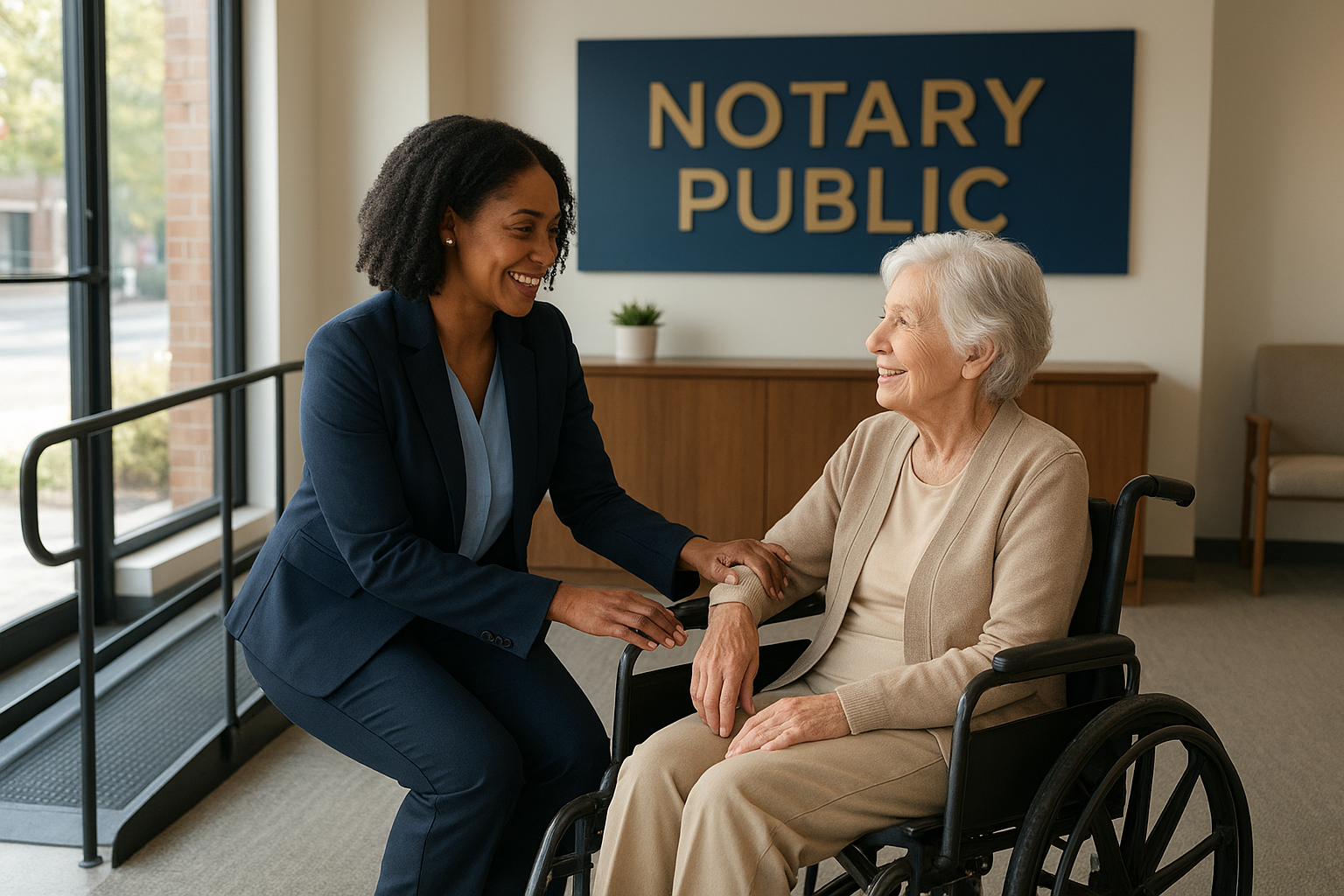 Accessible notary public office in Brampton with wheelchair ramp and notary assisting a person with disabilities