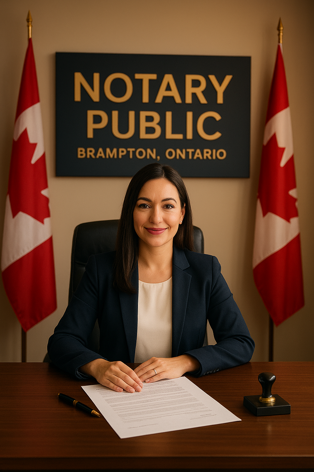 Notary public office desk with legal documents and stamp in Brampton, Ontario