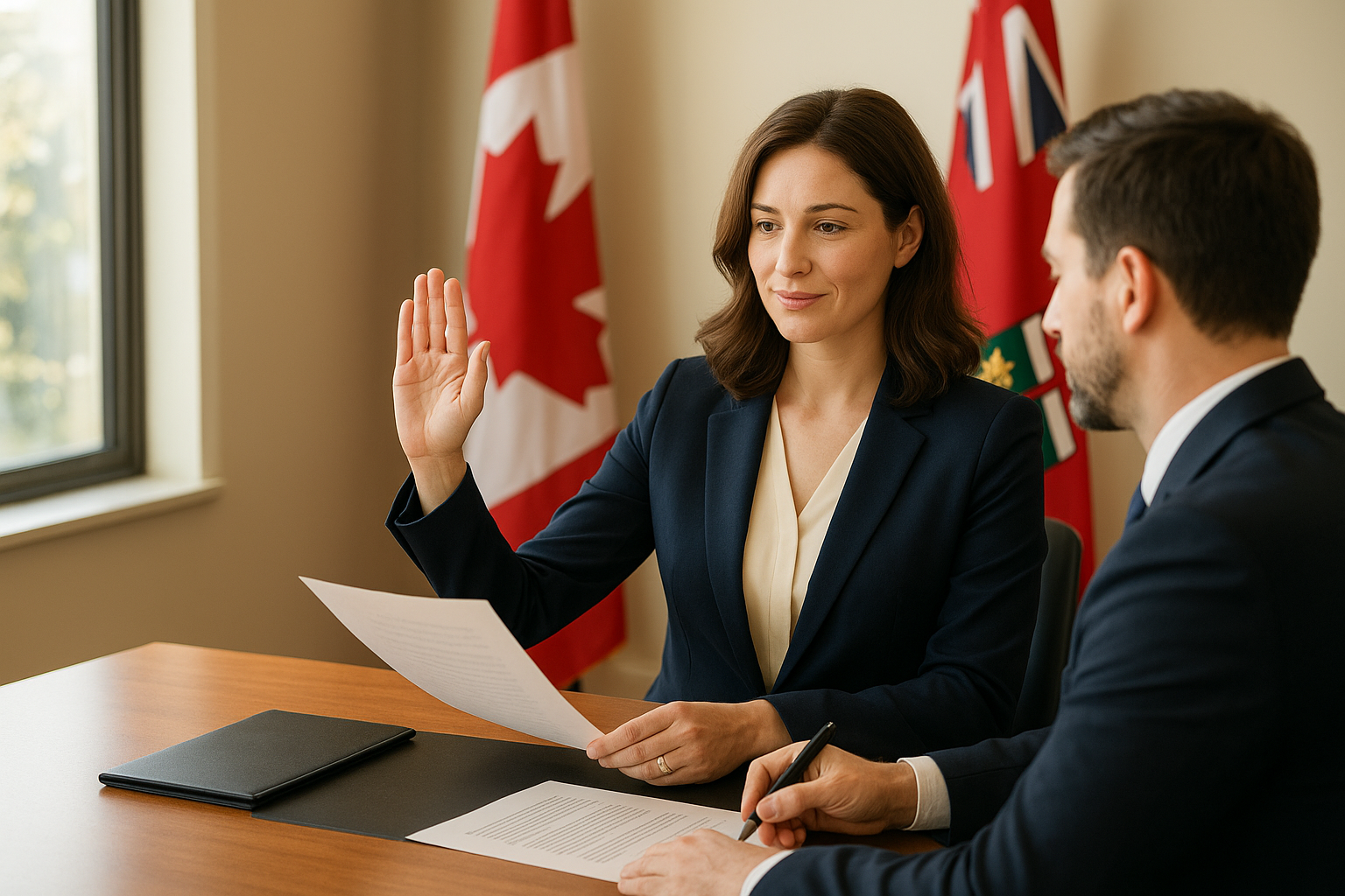 Commissioner of oaths swearing an affidavit with a client in a bright office in Brampton, Ontario