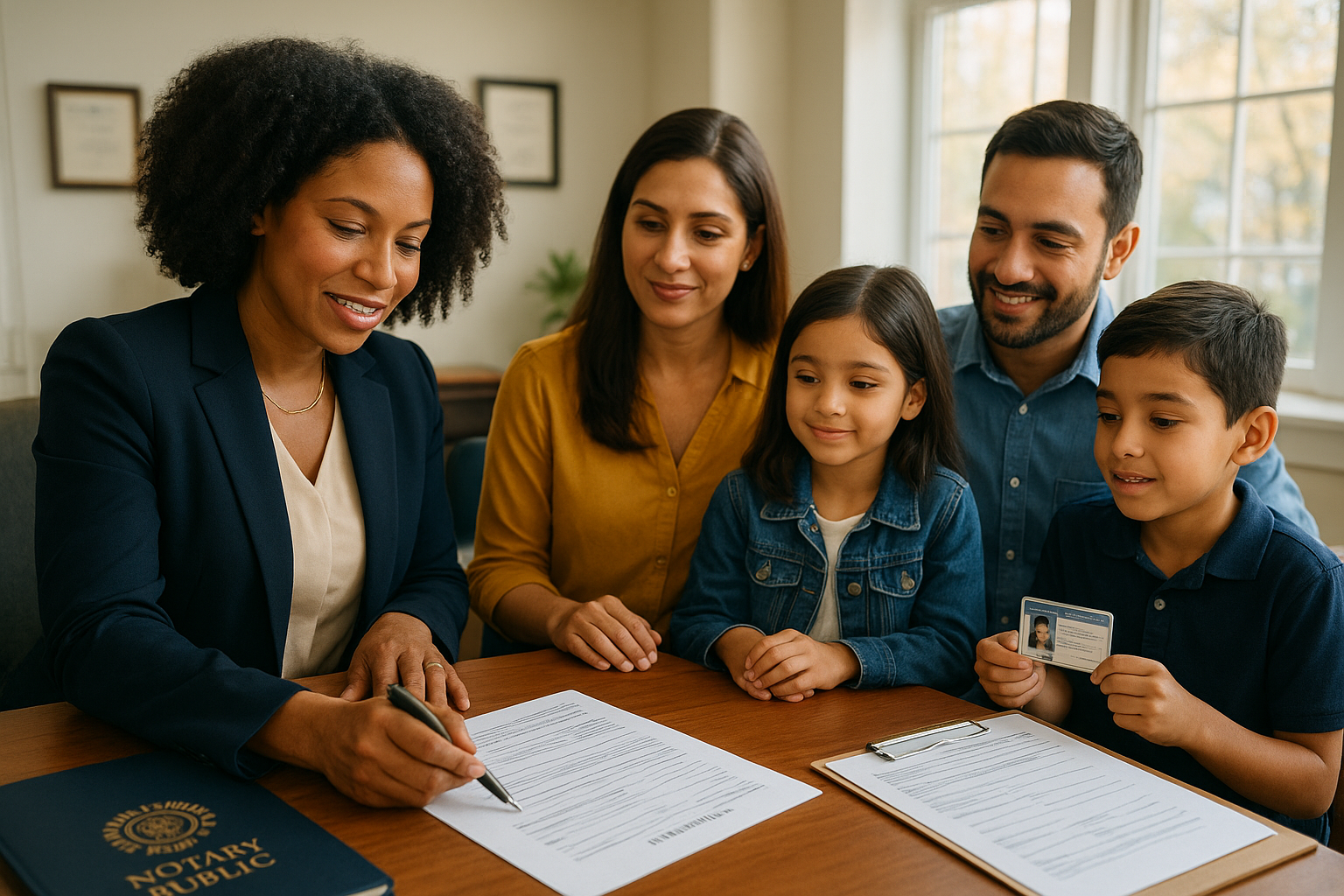 Notary public verifying school registration documents for family in Brampton office