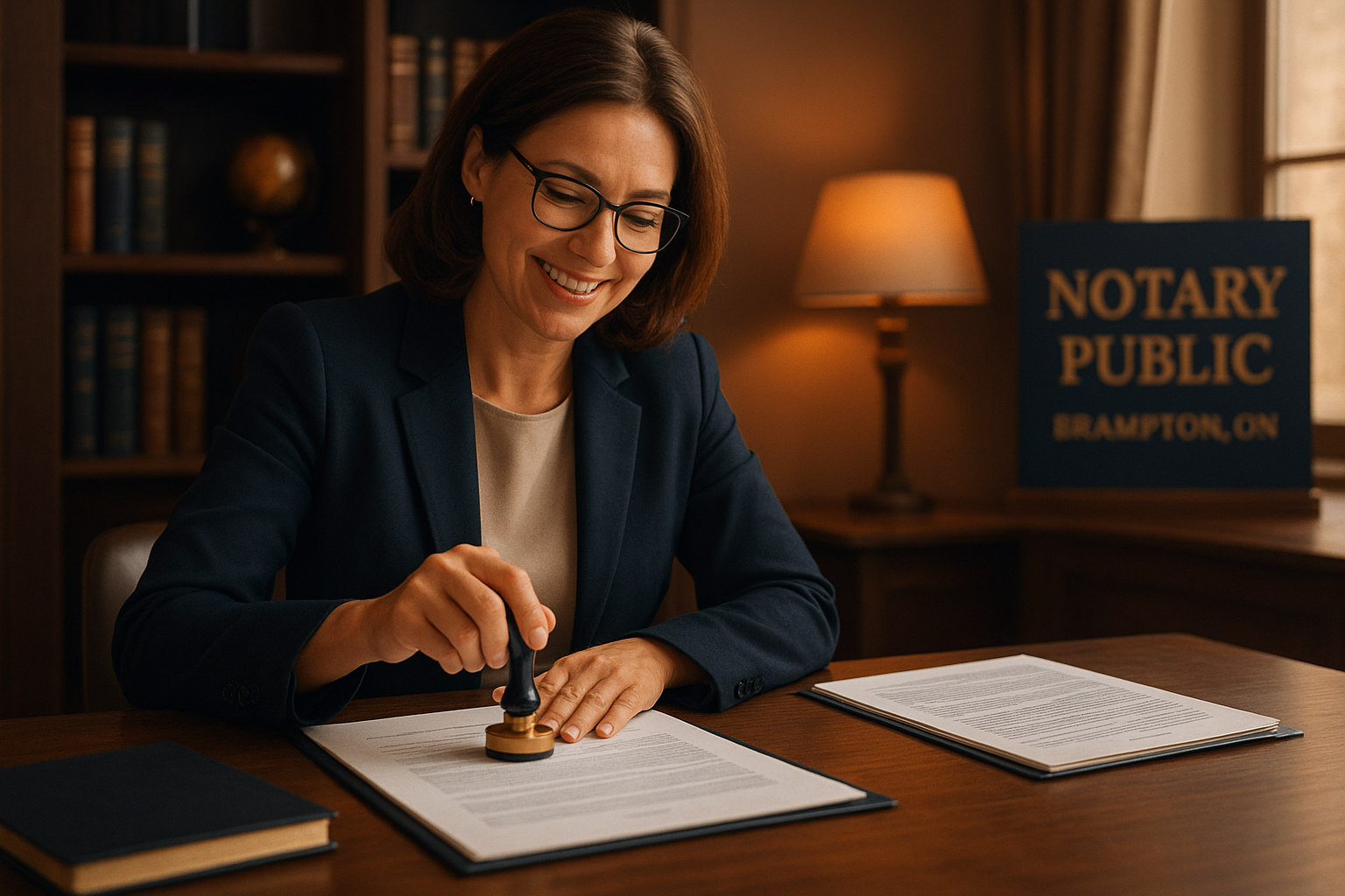 Professional notary public stamping documents in a Brampton office