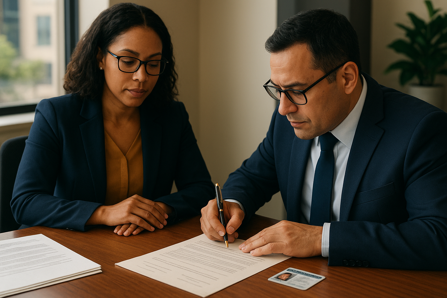 Notary public witnessing a client signing documents in an office in Brampton