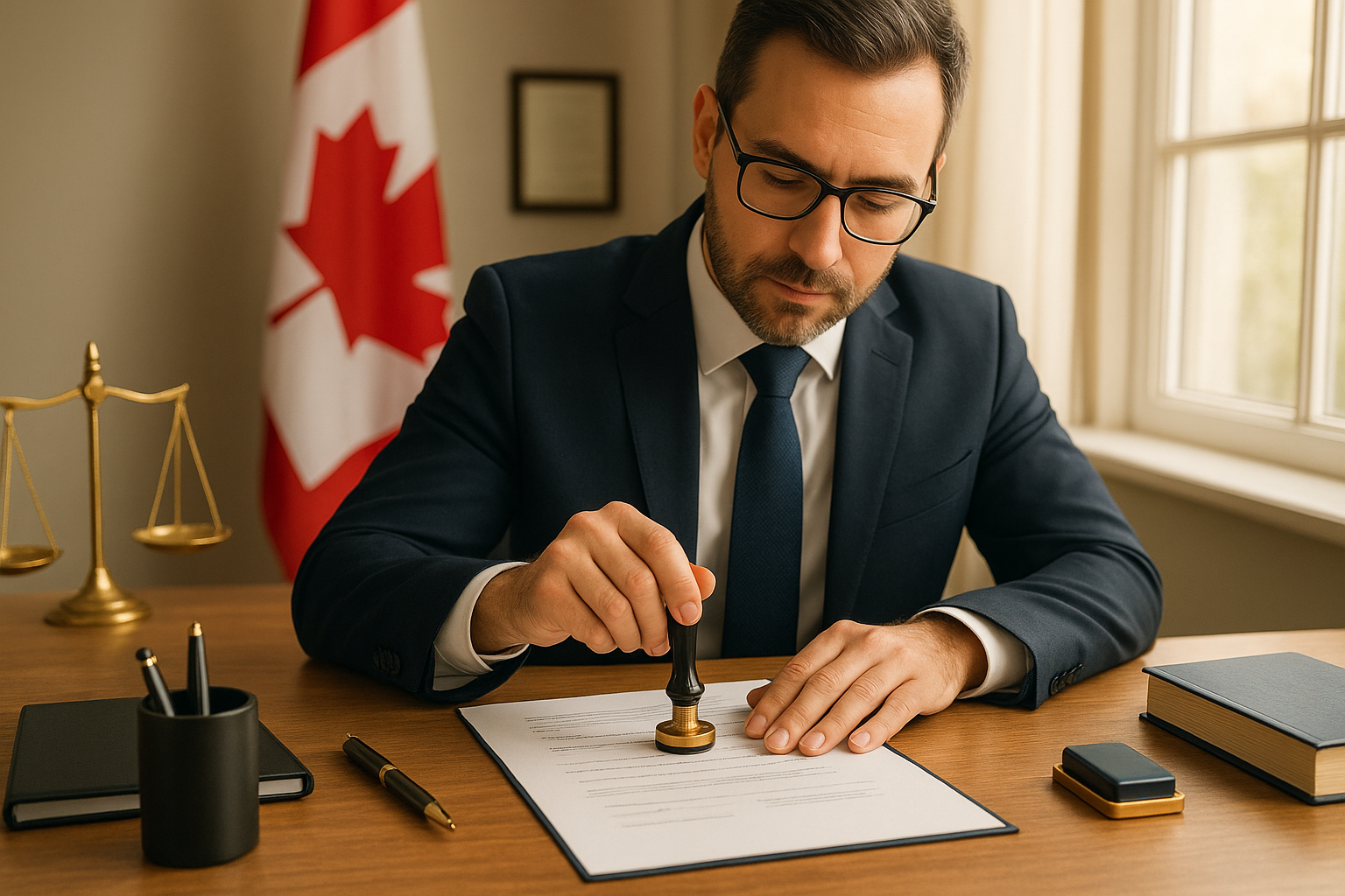 Notary public certifying a true copy of a document in Brampton office