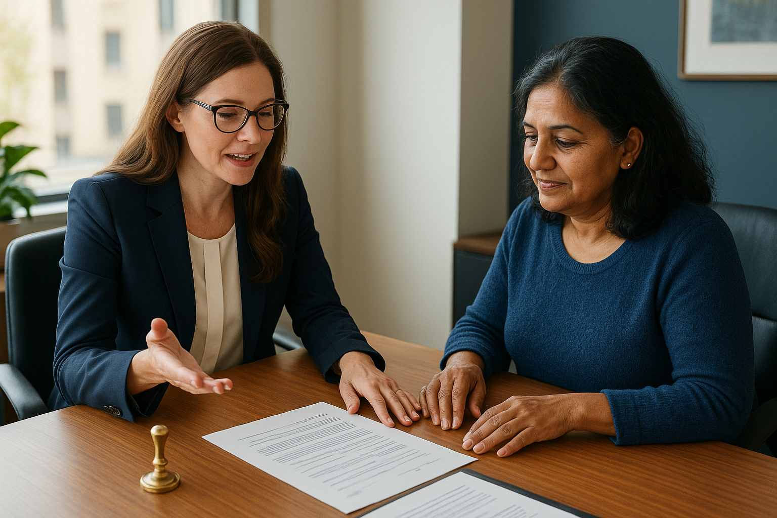 Brampton notary public assisting client with legal documents in office
