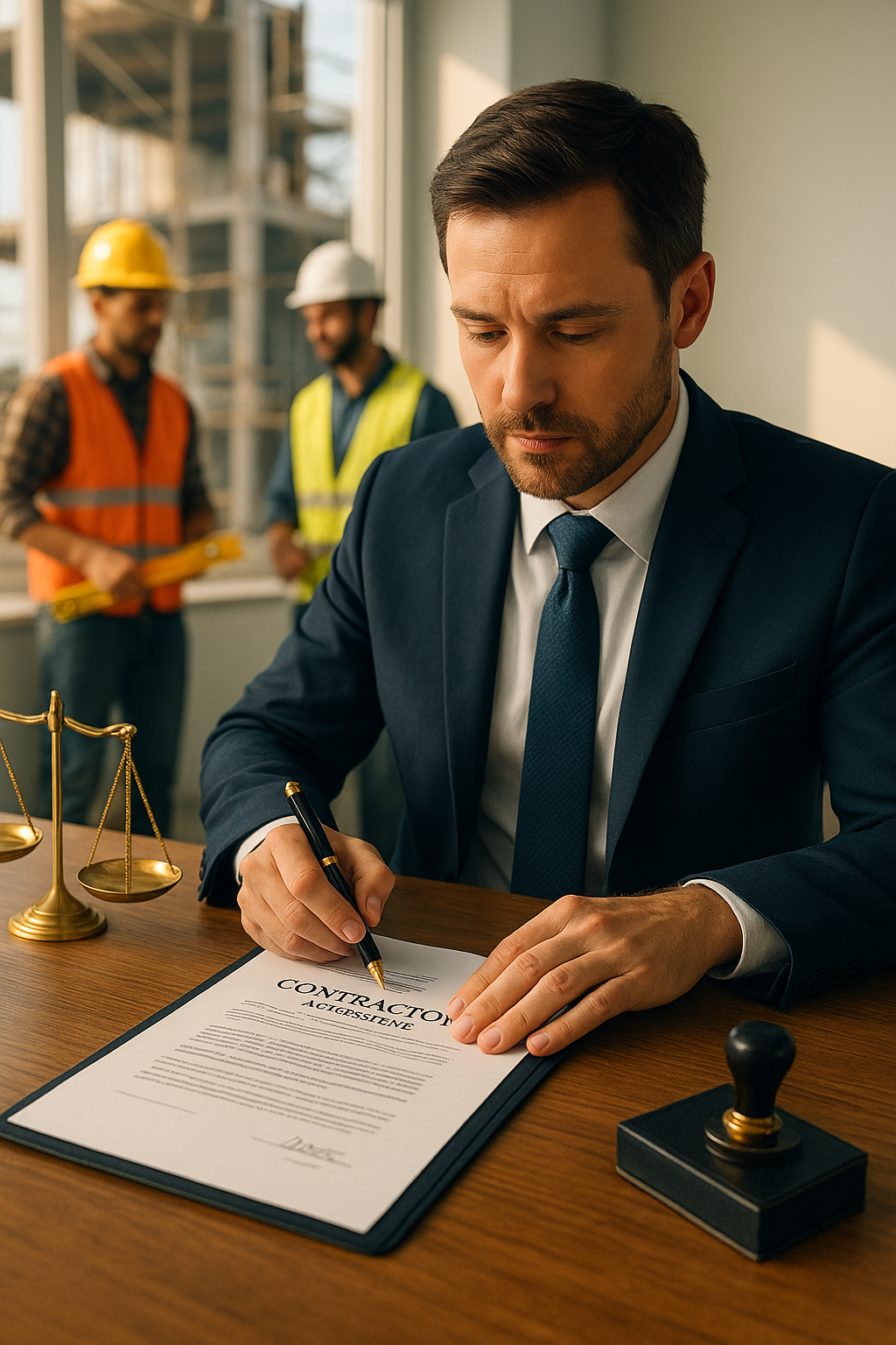 Notary public notarizing a contractor agreement with trade workers at a construction site in Brampton