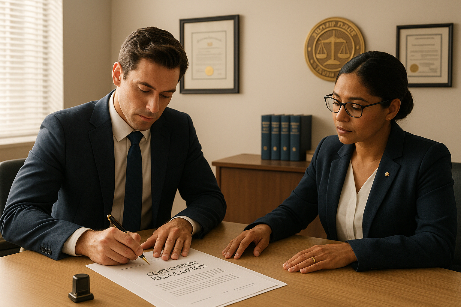 Businessperson signing corporate resolution documents with a notary in a professional Brampton office