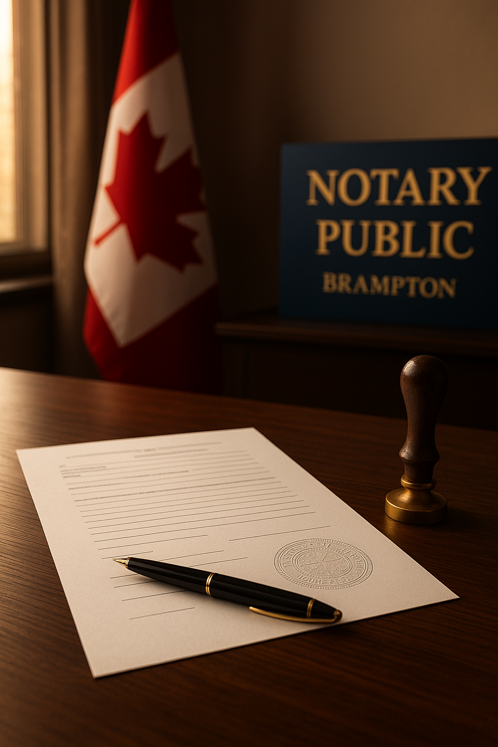 Notary public desk with degree documents and Canadian flag in a Brampton office