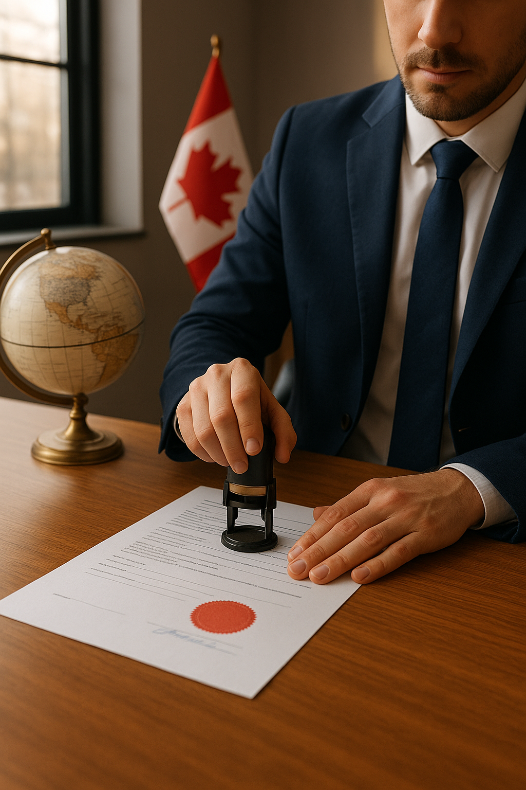 Notary public stamping international documents with Canadian flag and globe in the background in a bright office