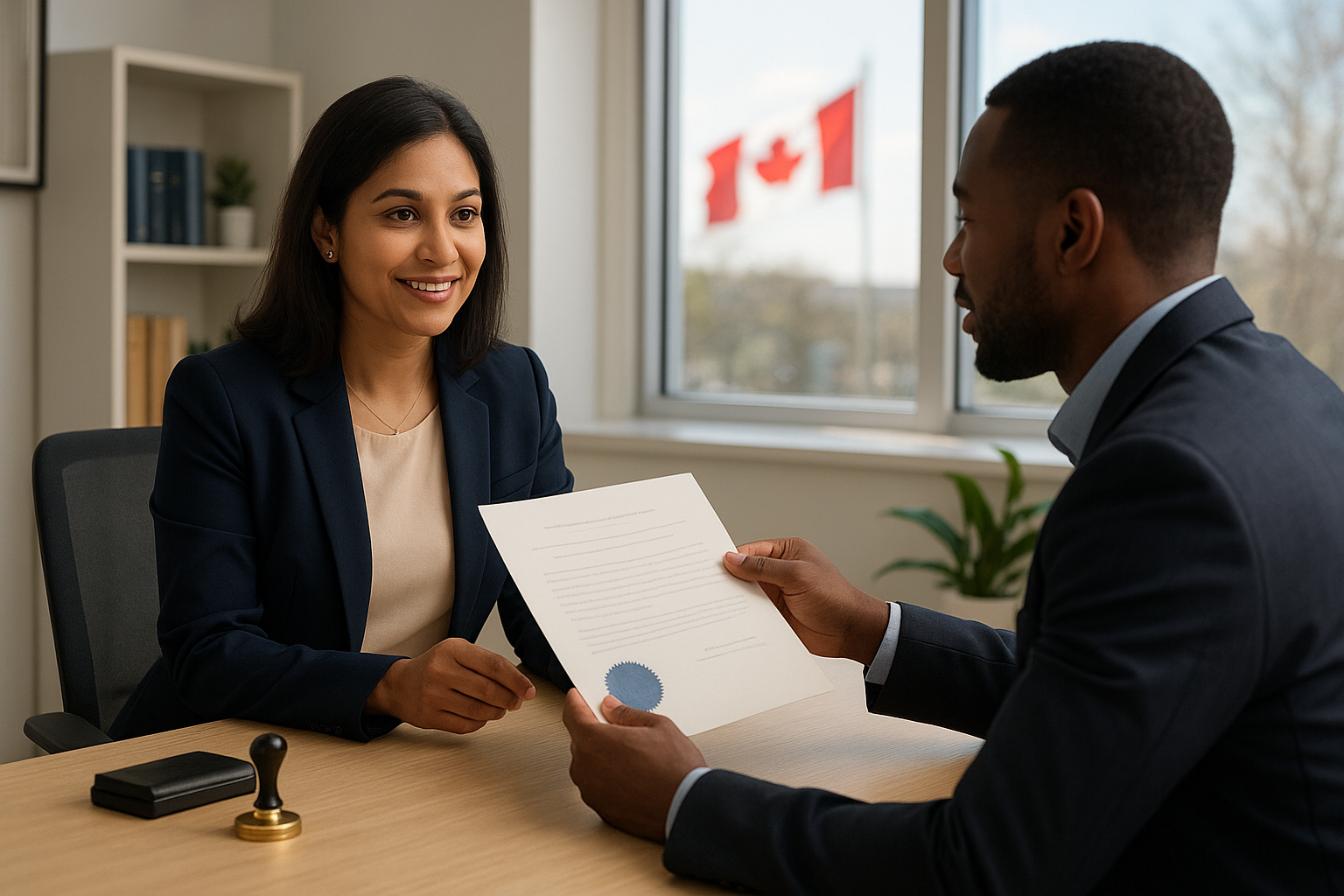 A notary public in Brampton assisting a client with dual citizenship documents in a professional office