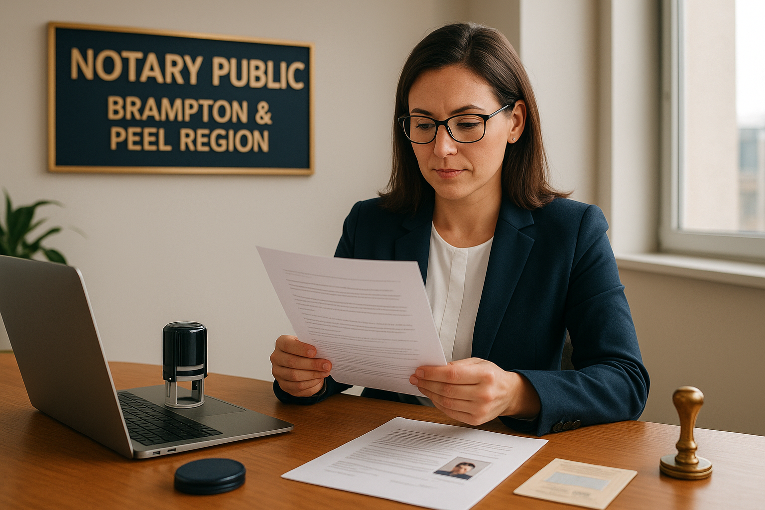 Notary public verifying a printed electronic document in a bright office in Brampton, Ontario.