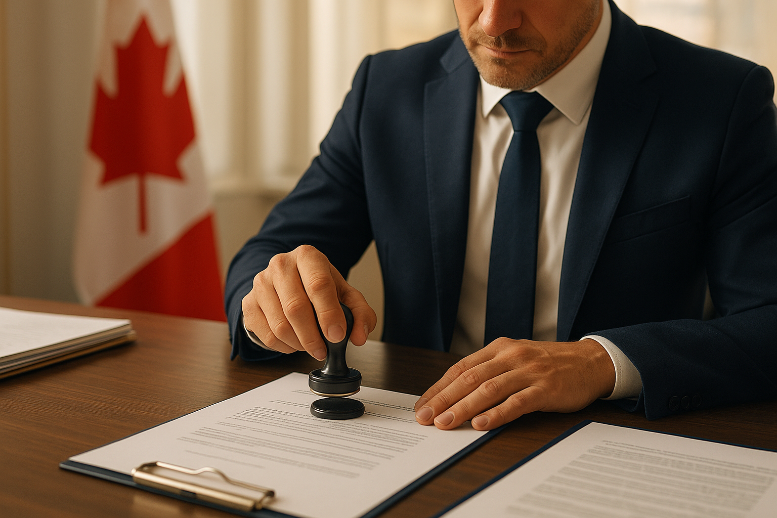 Notary public notarizing an employment verification letter in a professional office