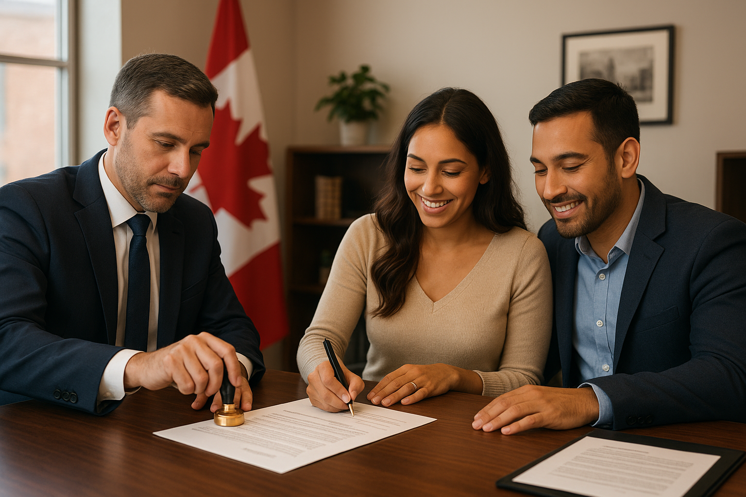 Notary public notarizing a down payment gift letter for a couple in a Brampton office