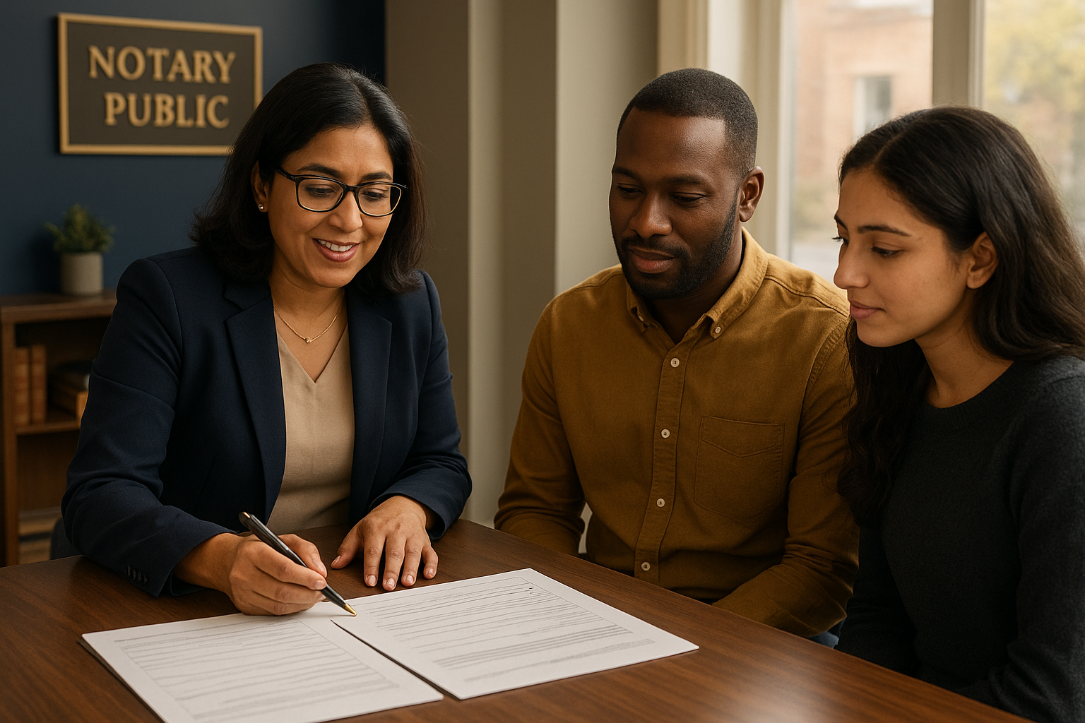 Notary public notarizing a guardianship letter in a modern office in Brampton