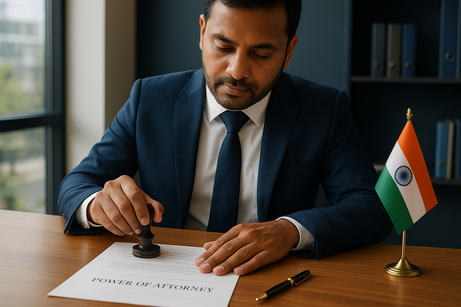 Notary public in Brampton stamping power of attorney document with Indian flag decoration nearby