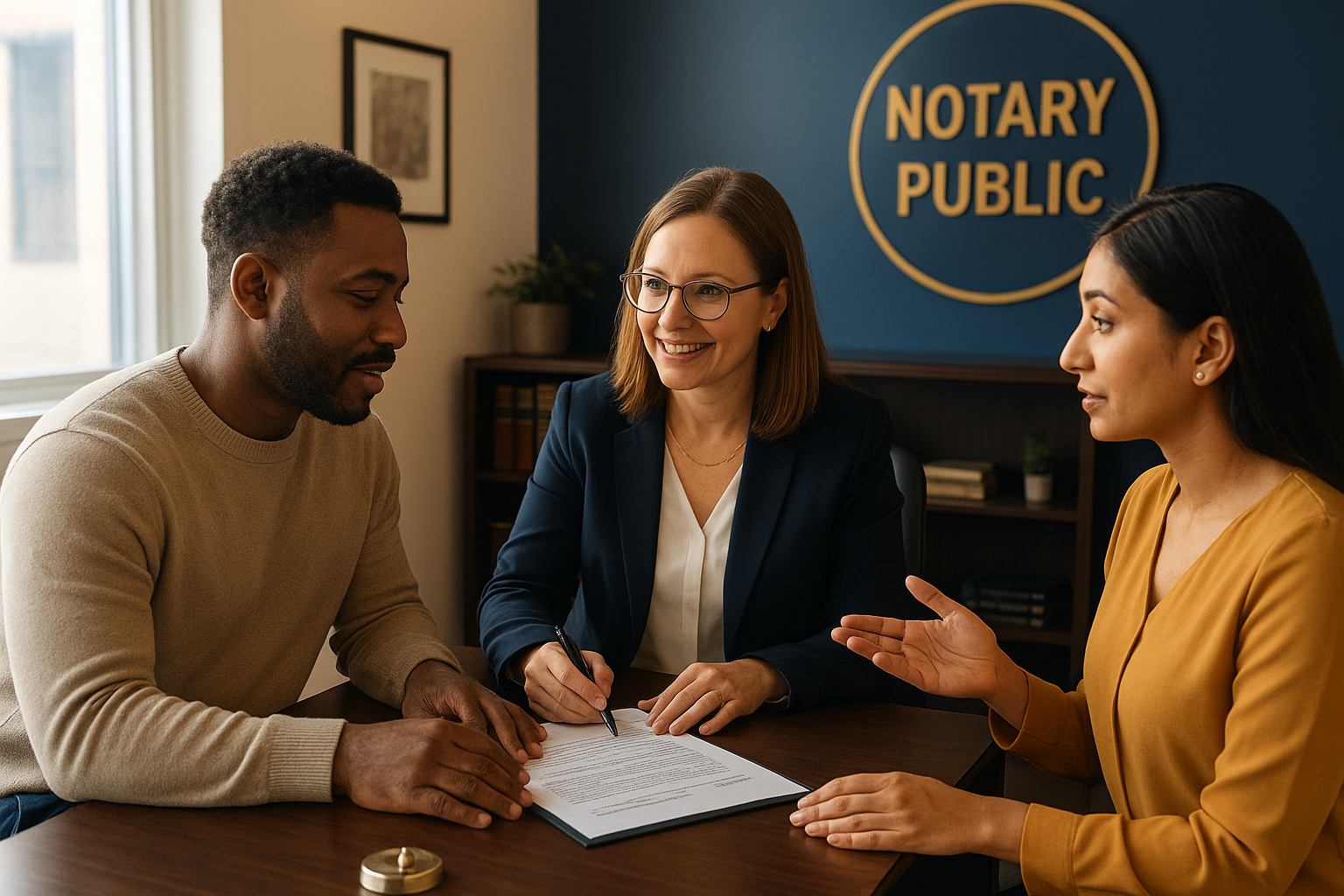 Notary public assisting a multilingual client with interpreter support in Brampton office