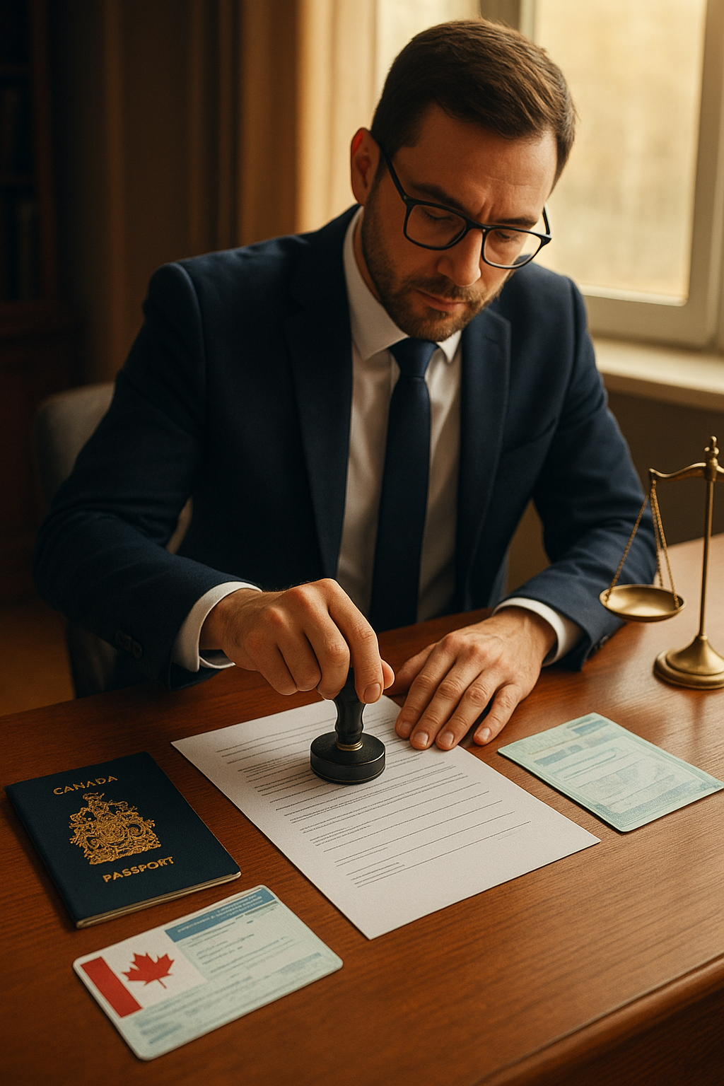Notary public in Brampton notarizing a travel consent letter with Canadian travel documents on a desk