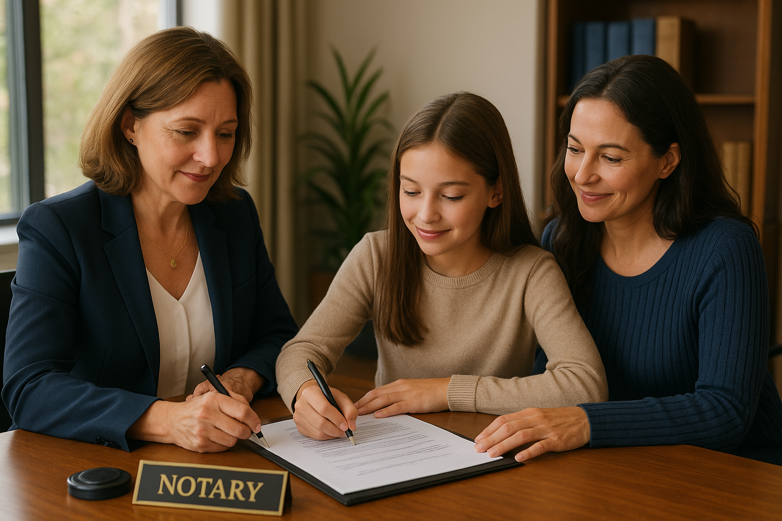 Notary public witnessing a minor signing a document with parent in Brampton office