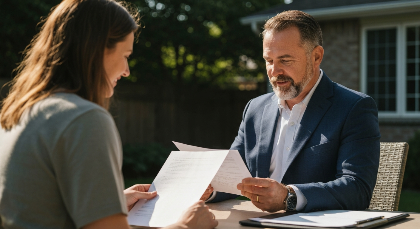 Mobile notary public meeting a client at their home in Brampton reviewing documents