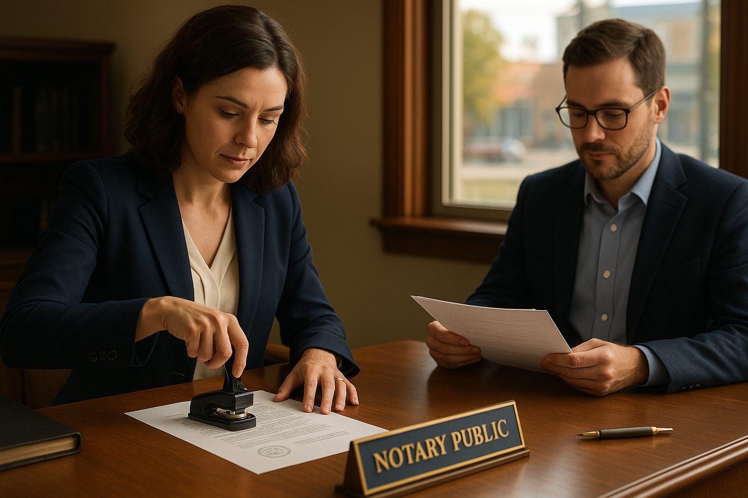 Notary public in Brampton stamping a name change affidavit document with a client in the office