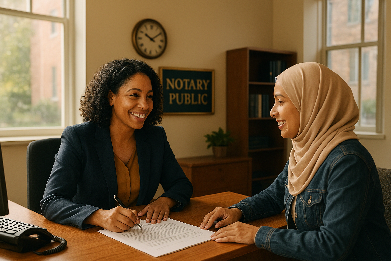Notary public office in Brampton assisting a newcomer client with immigration documents