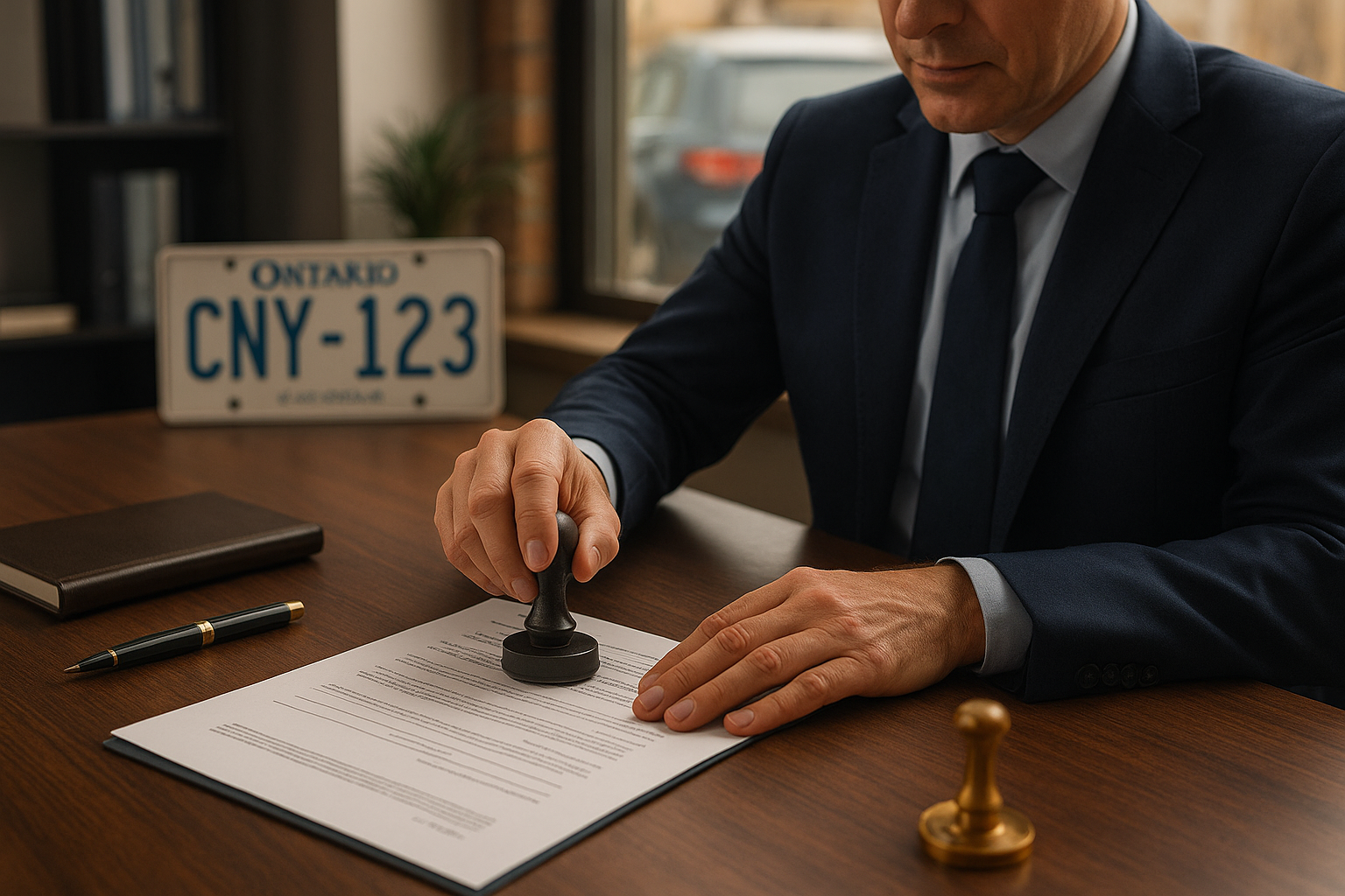 Notary public stamping a vehicle bill of sale document in a Brampton office with car visible outside