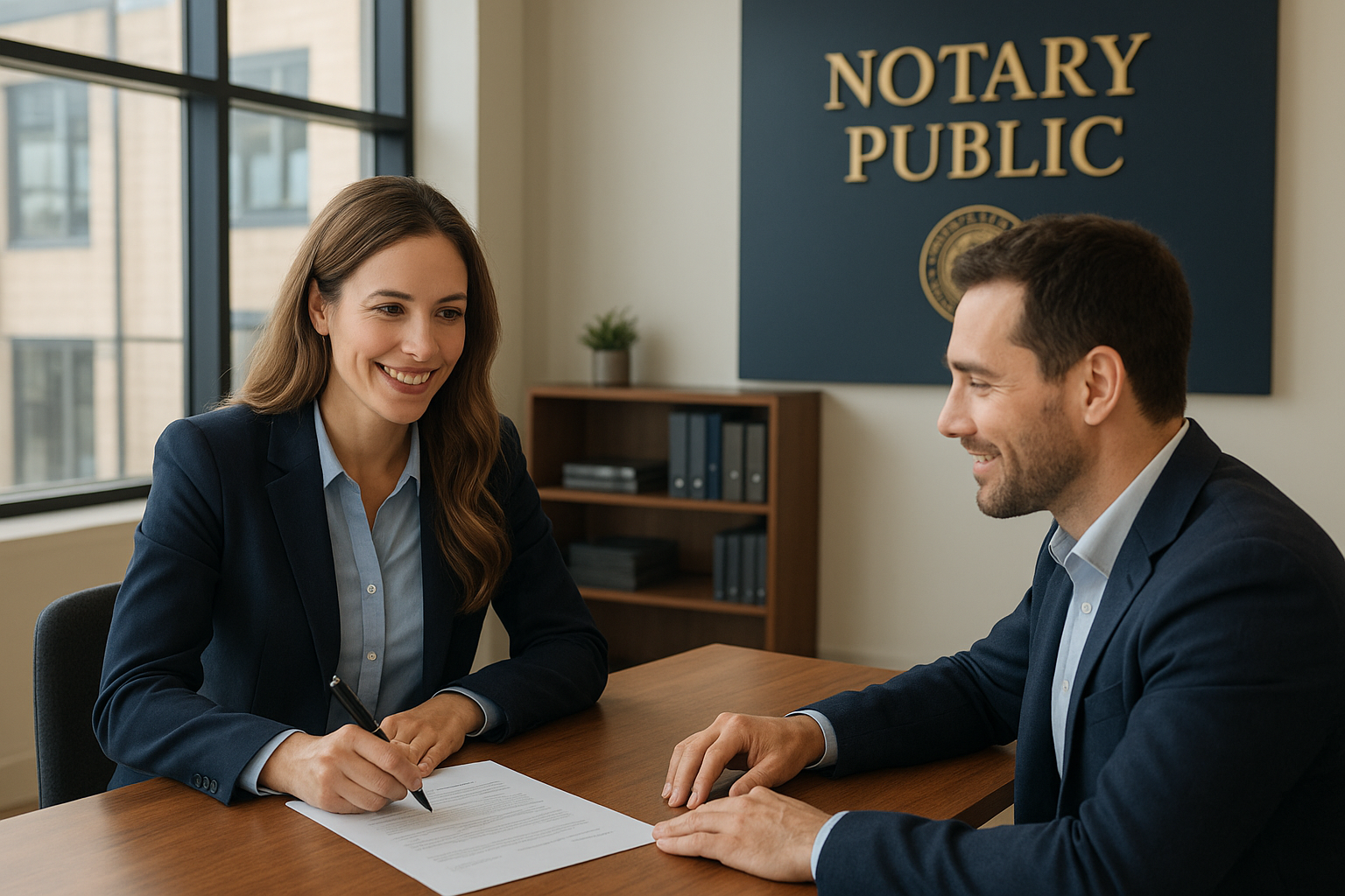Professional notary public in Brampton assisting a client with document notarization in a bright, modern office