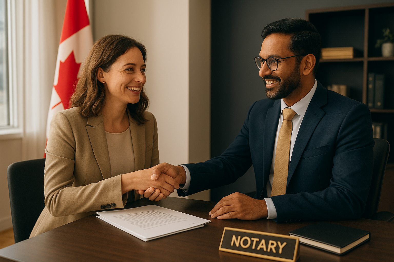 Notary public in Brampton greeting client with documents in professional office