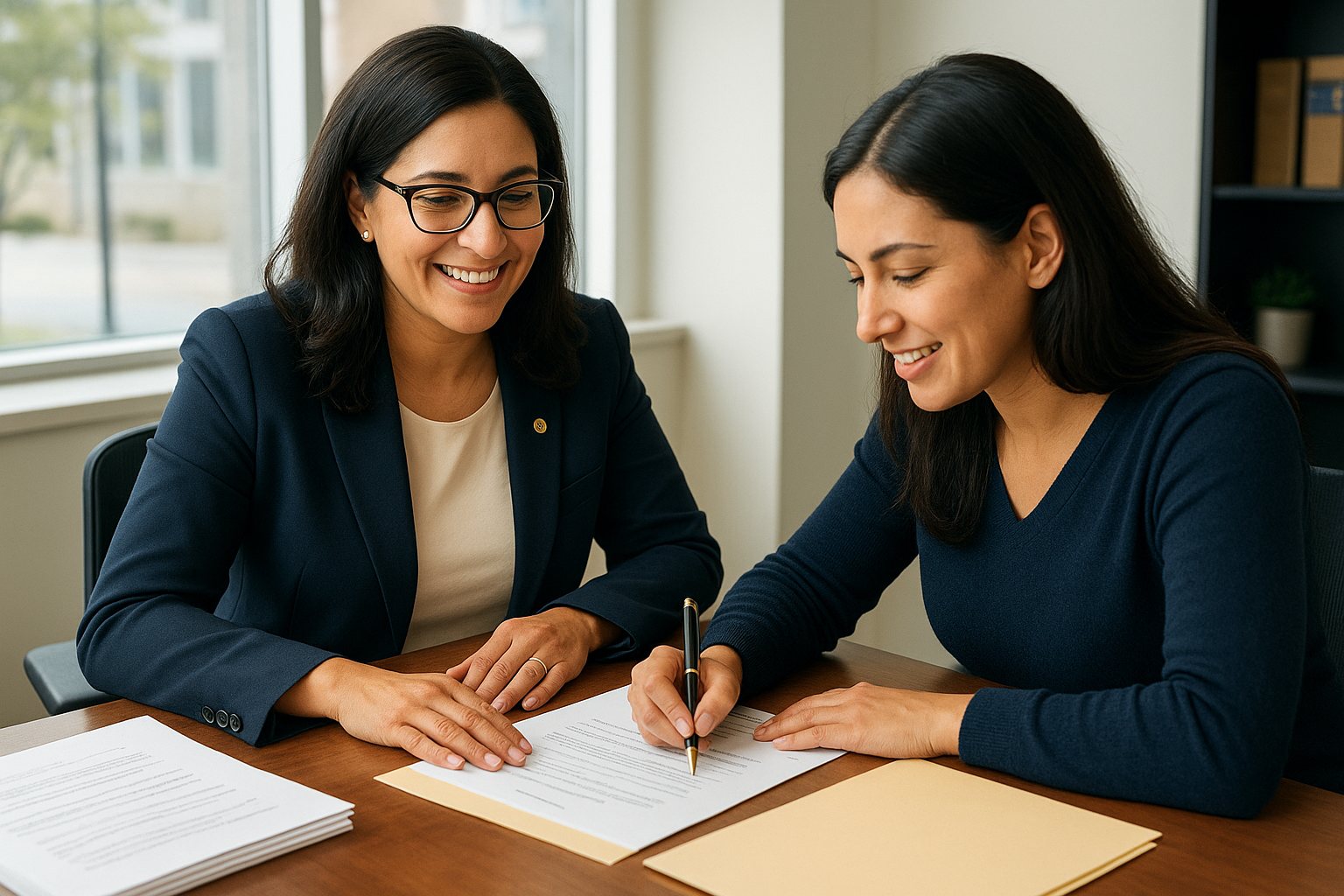 Notary public assisting client with document signing in a bright Brampton office