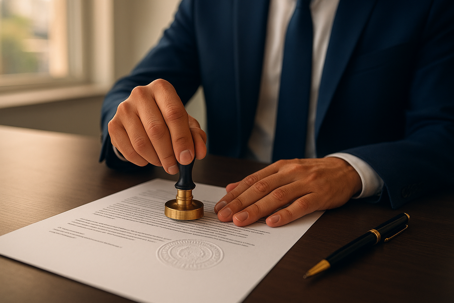 Notary public applying an embossed notary seal on a legal document in Brampton office