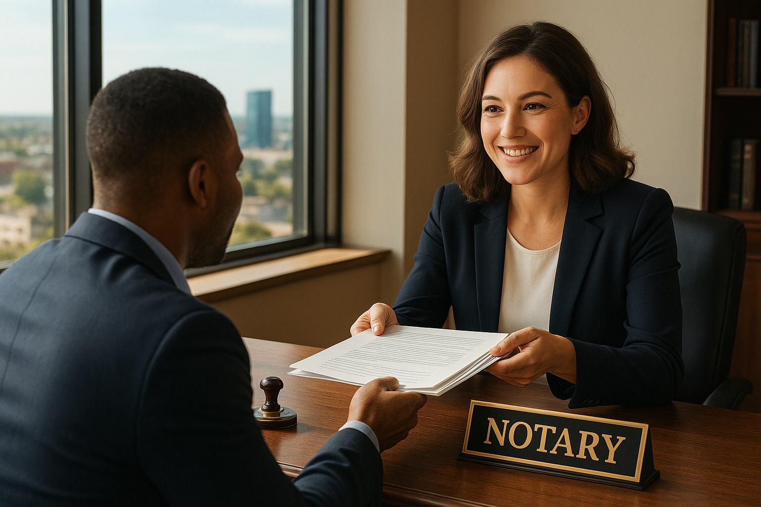 Notary public assisting a client with document signing in a bright Brampton office