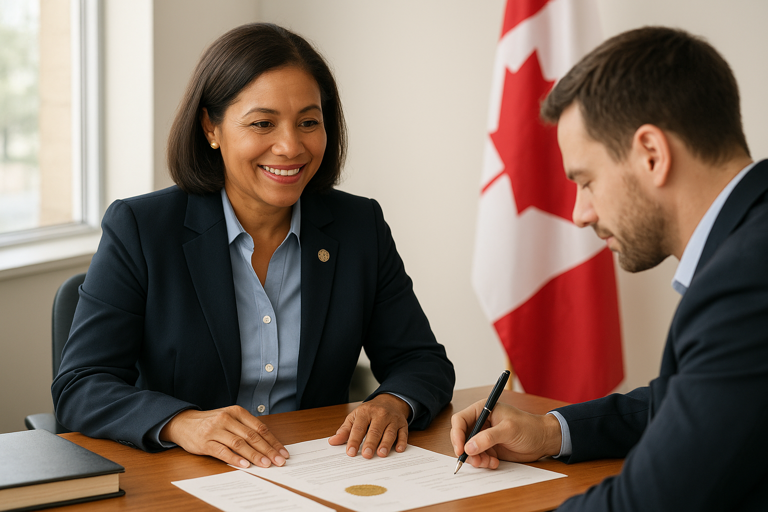Notary public assisting client with legal documents in a bright office in Brampton, Ontario