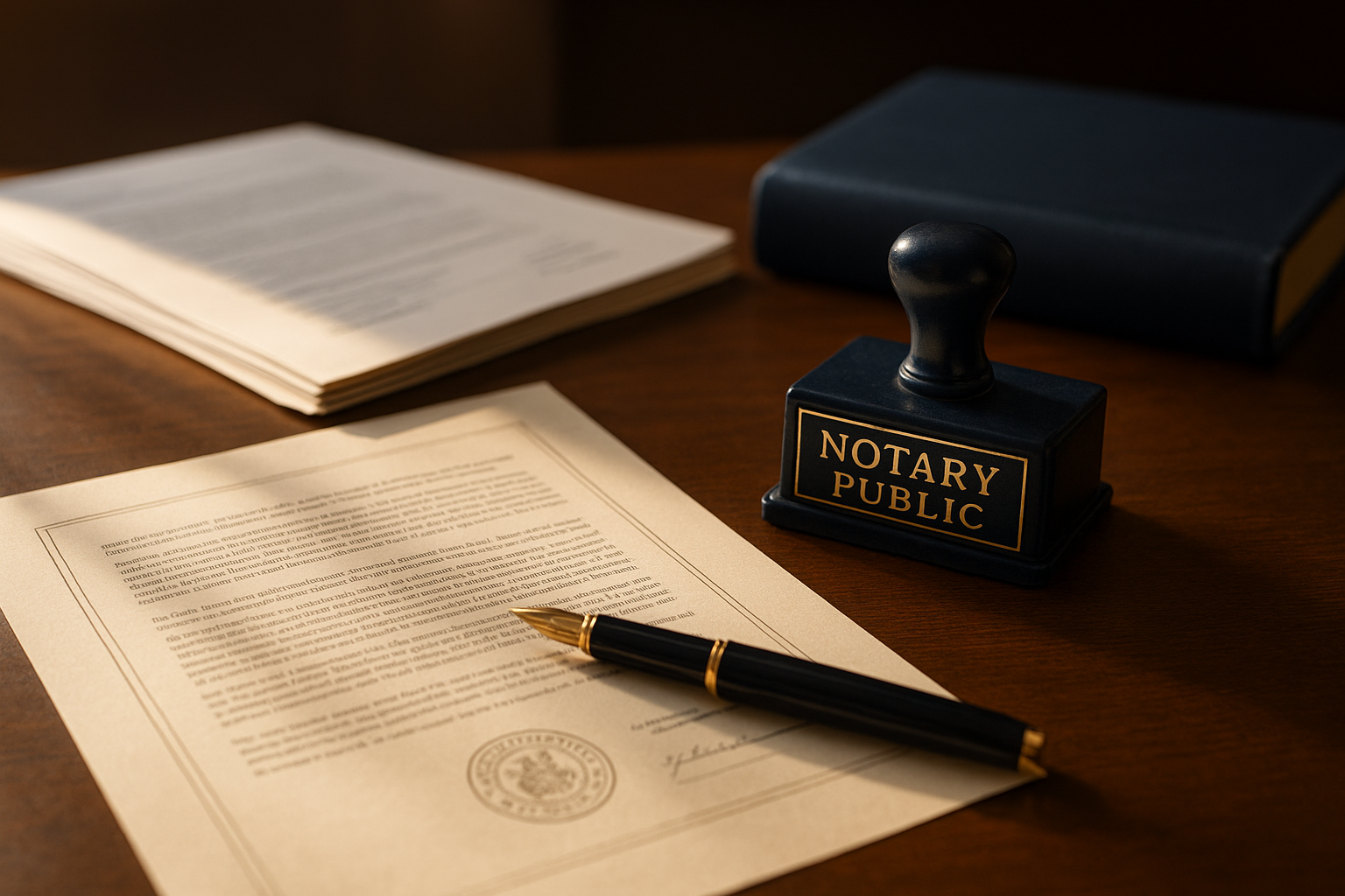 Notary public desk with original documents, photocopies, and certification stamp in Brampton office