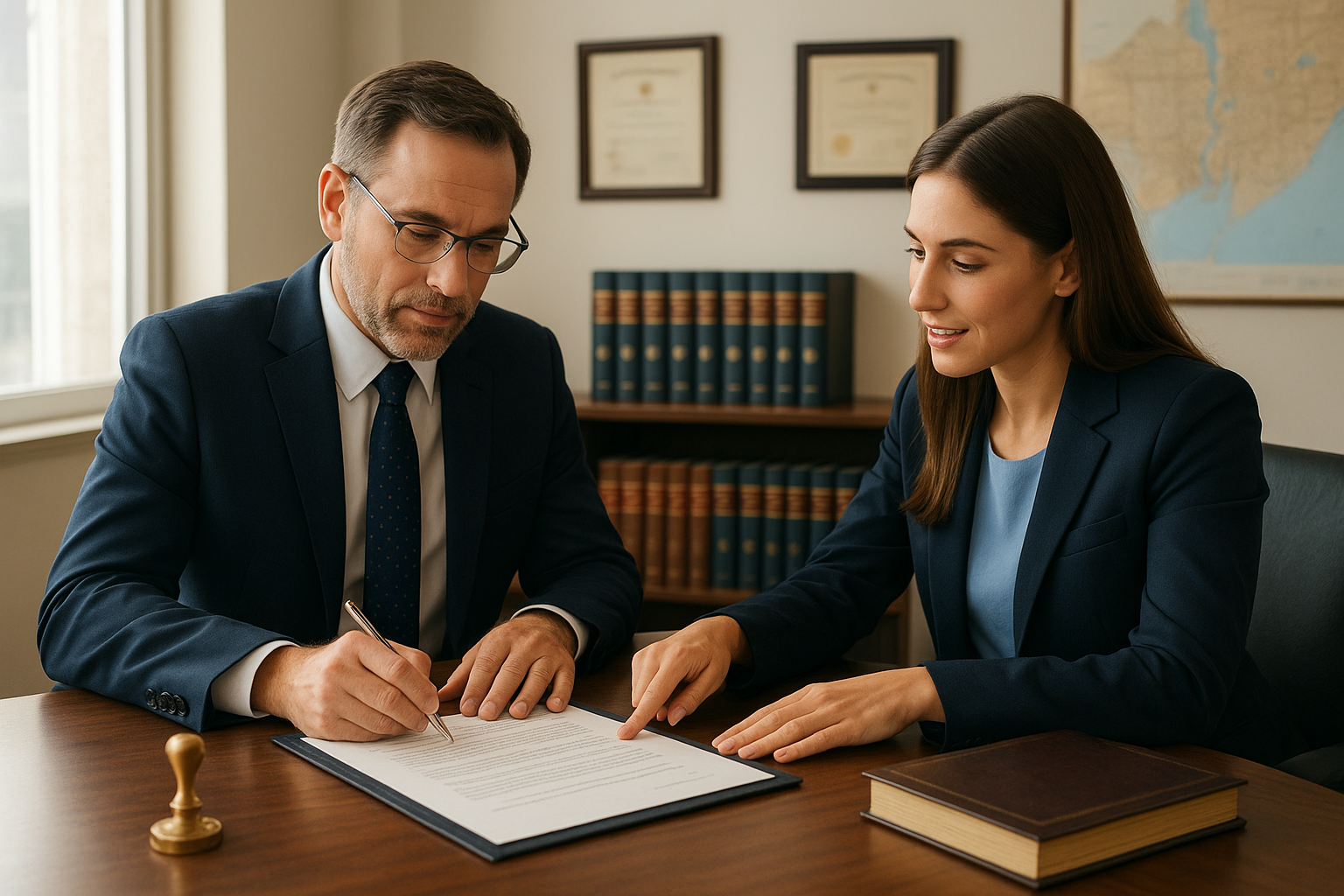 Notary and paralegal consulting over documents in a bright office in Brampton, Ontario