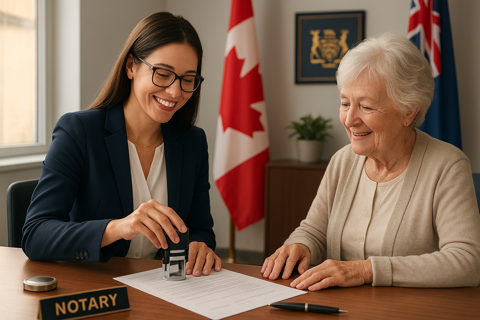 Notary public assisting retiree with life certificate notarization in professional Brampton office