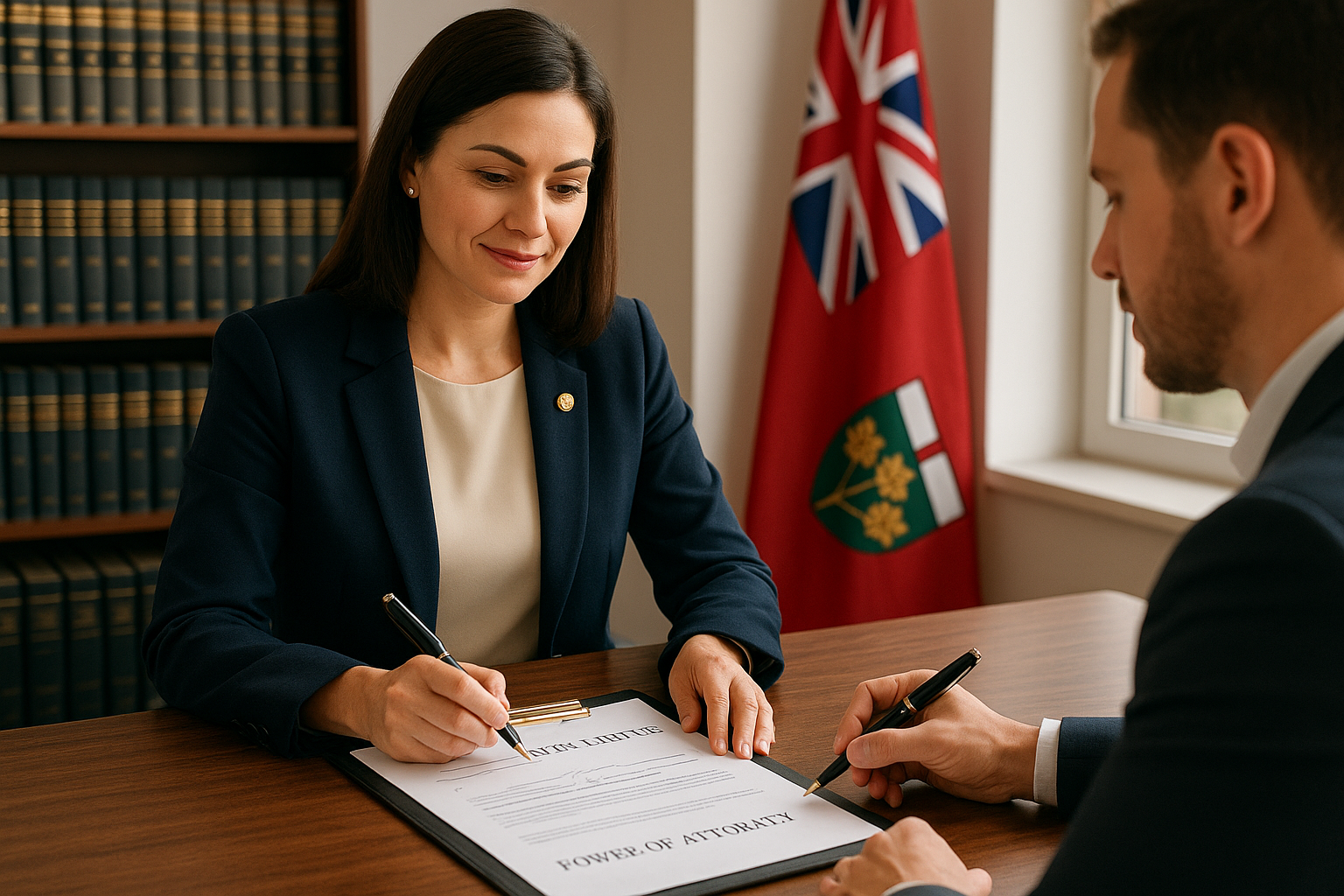 Notary public witnessing a client signing a power of attorney document in a Brampton office