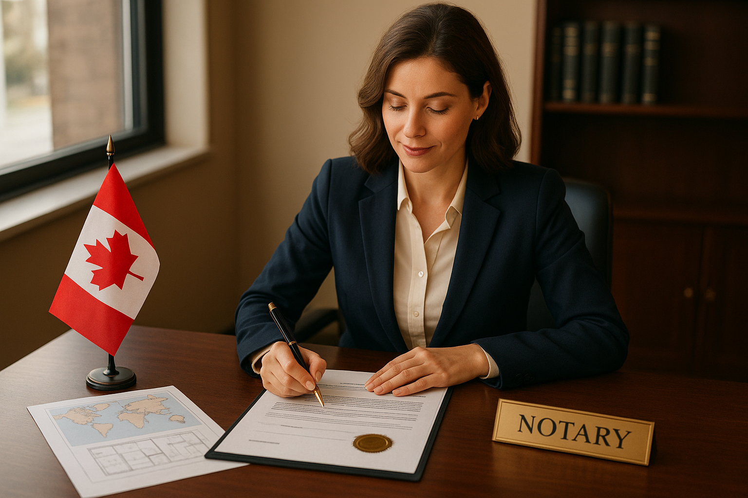 Notary public in Brampton notarizing overseas property documents with Canadian and international flags visible