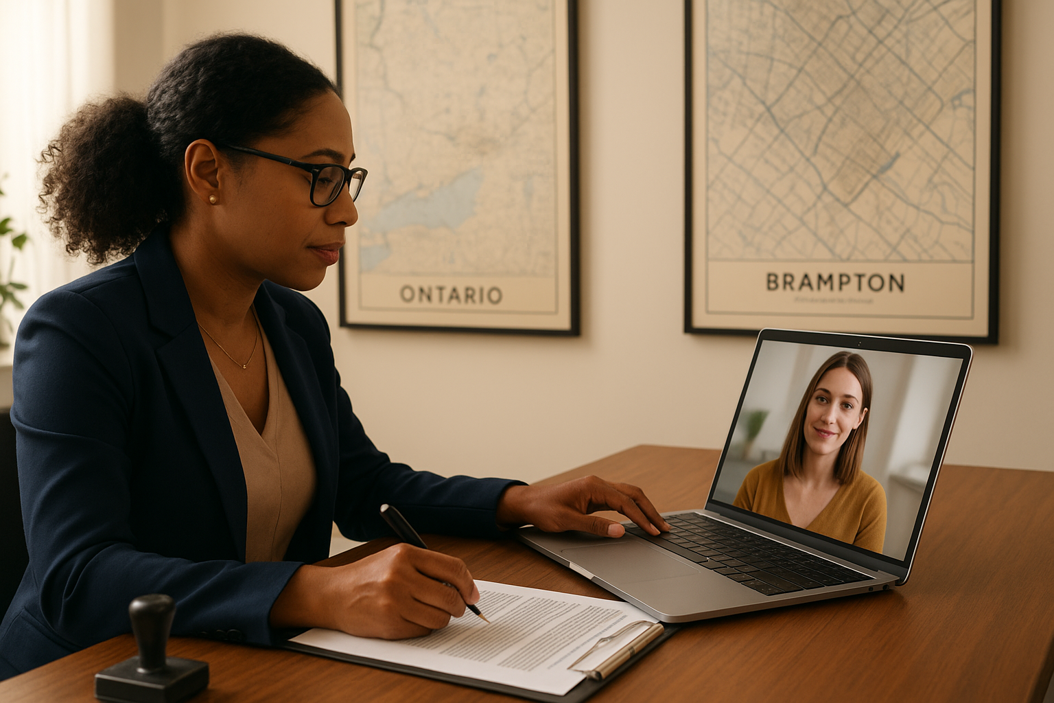 Notary public conducting a remote online notarization session in Ontario office