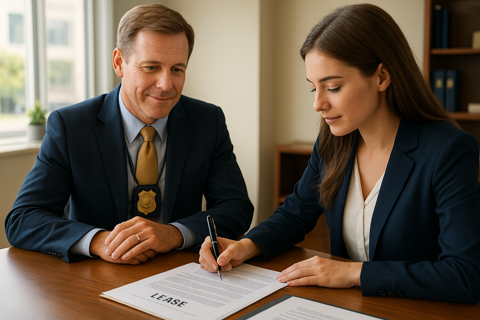 Notary public in Brampton witnessing lease signing in office