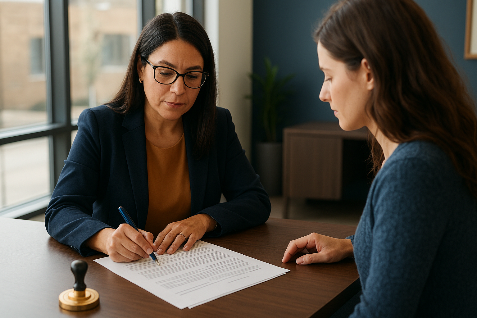 Notary public witnessing a client signing family law documents in Brampton office