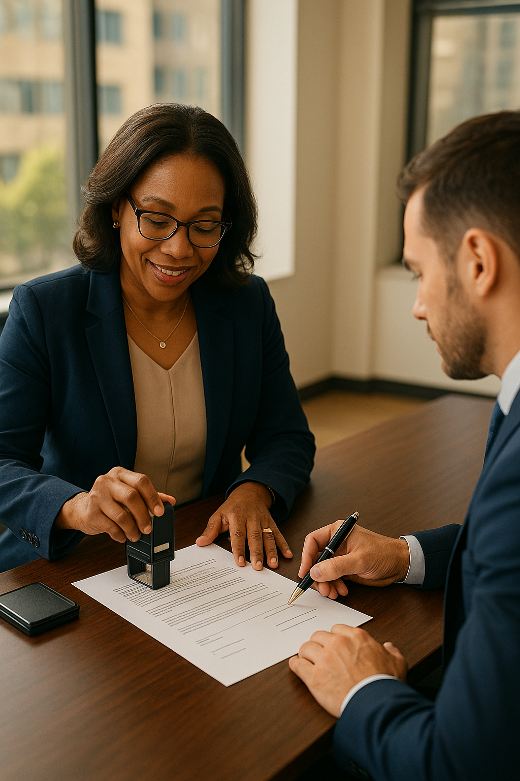 Business notary public assisting client with signing documents in a modern office in Brampton
