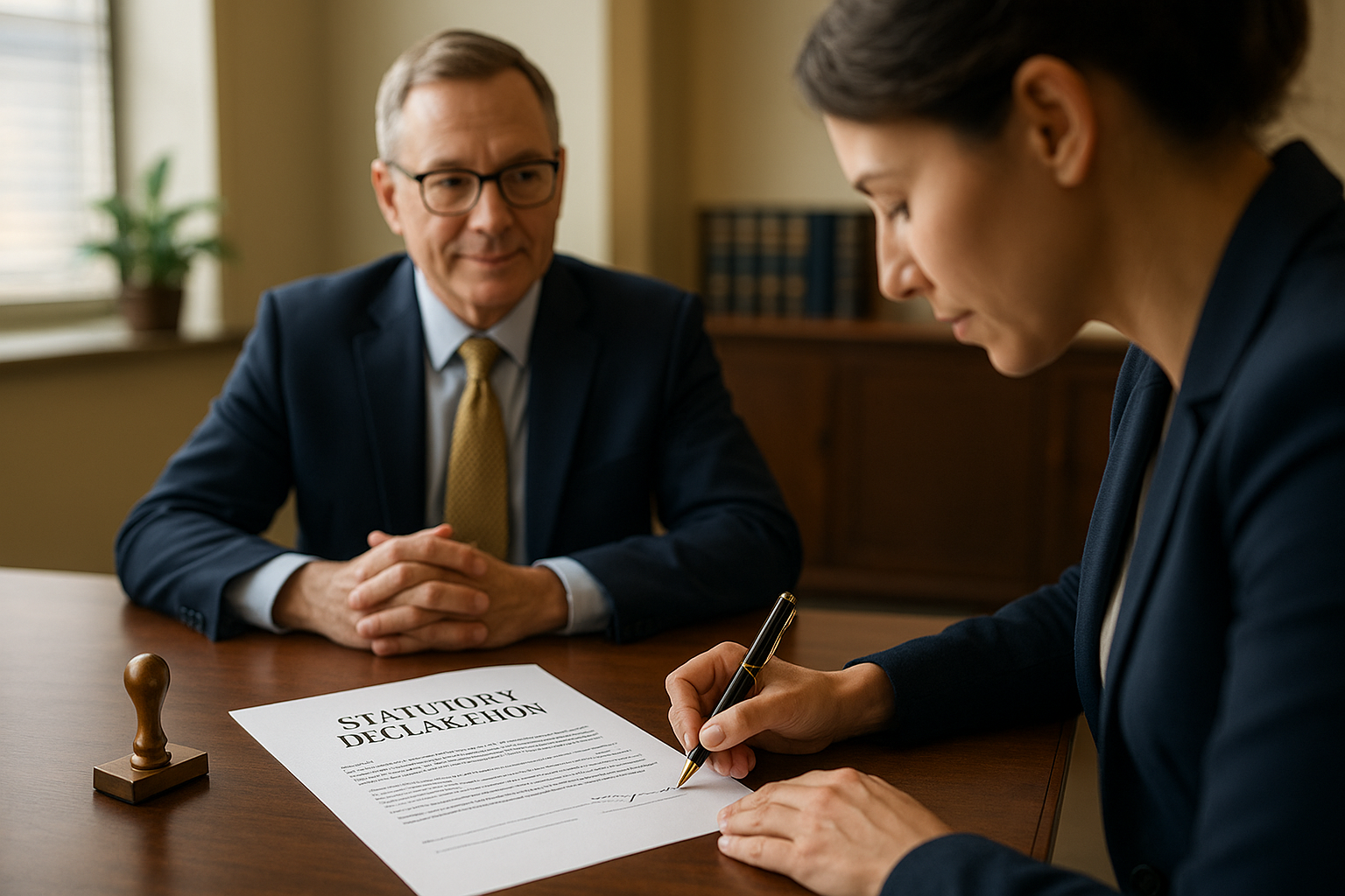 Commissioner witnessing a statutory declaration signing in a professional office in Brampton