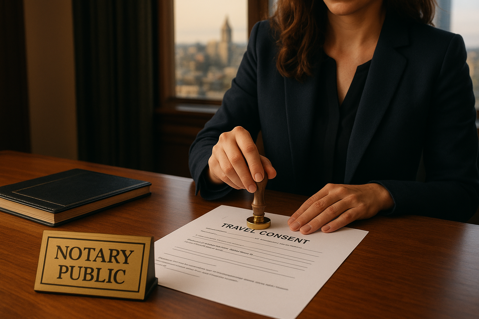 Notary public certifying a travel consent letter in a Brampton office with cityscape view