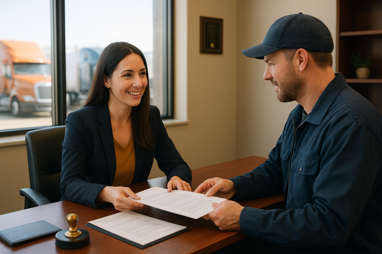 Notary public office in Brampton helping a truck driver with trucking documents