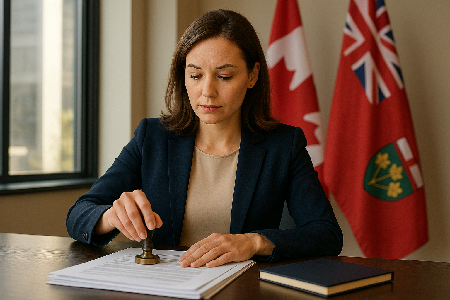 Licensed notary public verifying documents in Brampton office with Canadian and Ontario flags