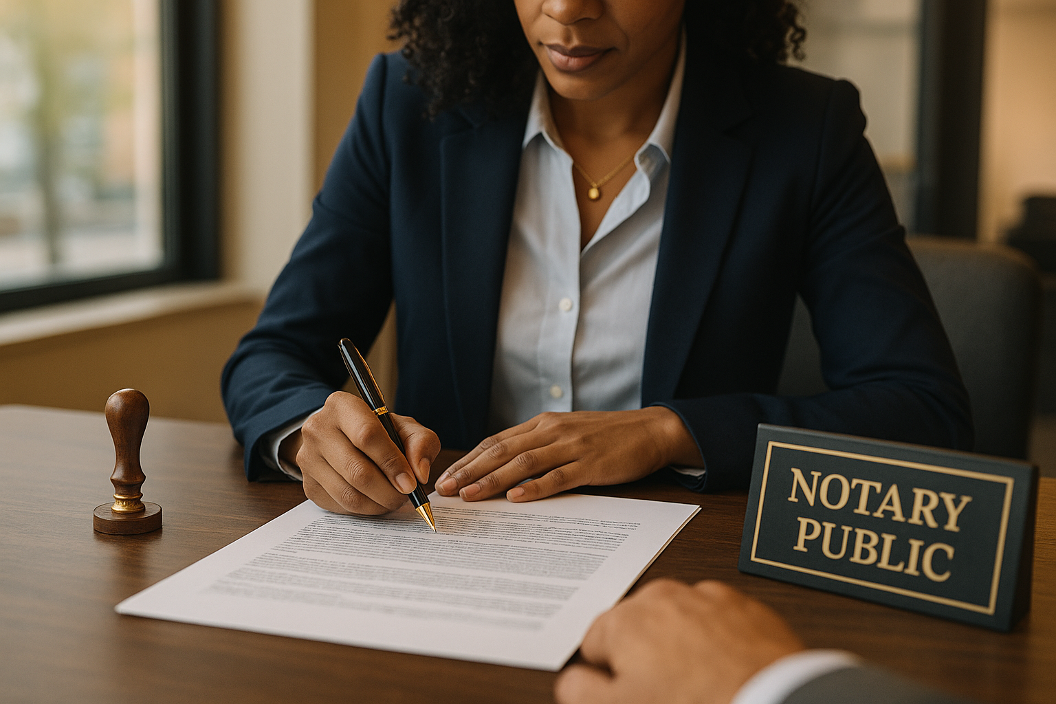 Notary public reviewing documents with a client in a modern Brampton office