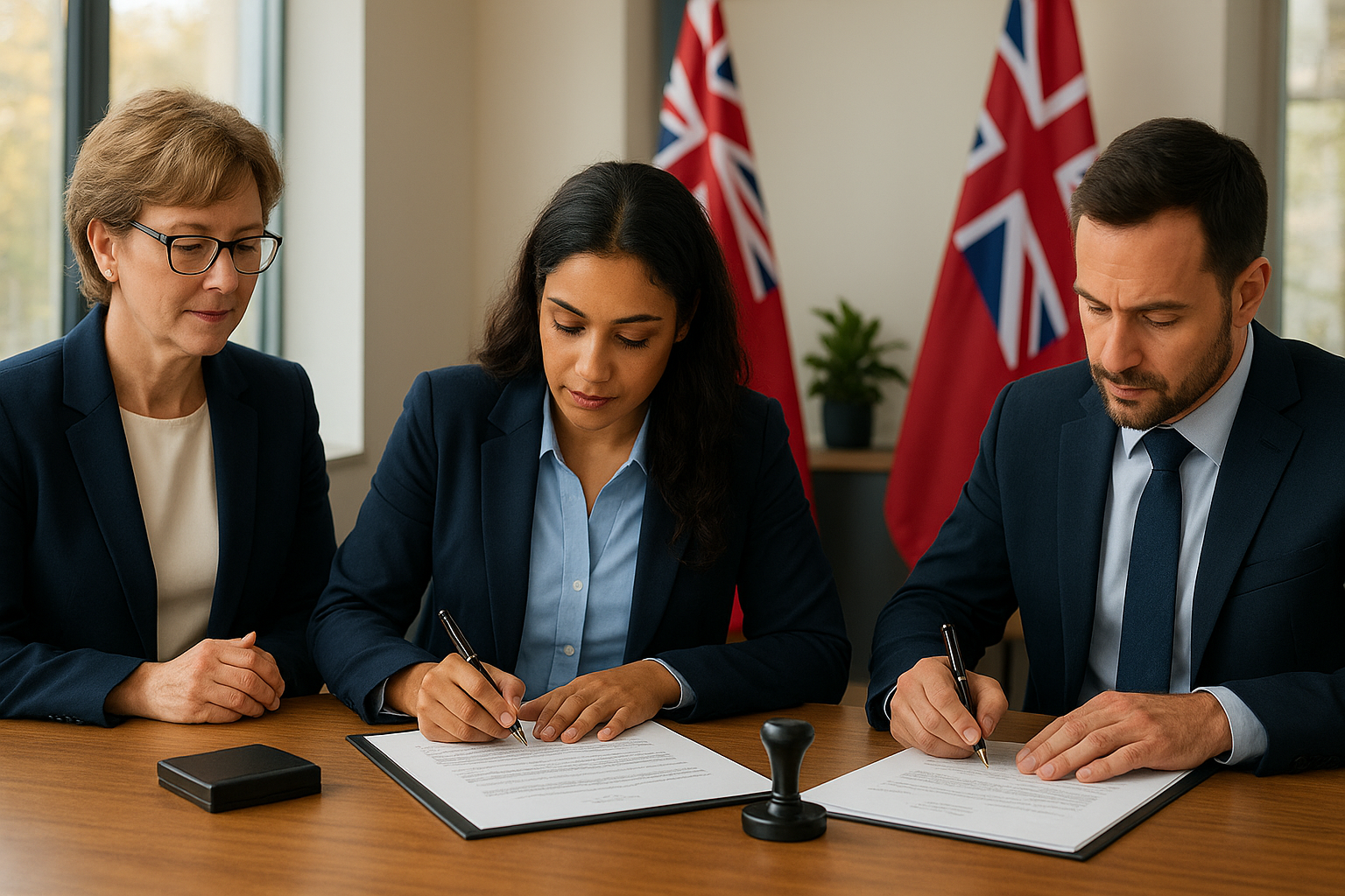 Notary public witnessing a will signing in a modern office in Brampton, Ontario