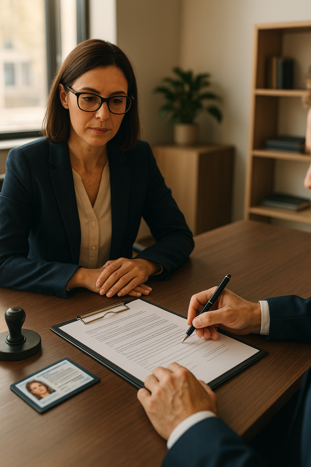 Notary public witnessing document signing in a Brampton office